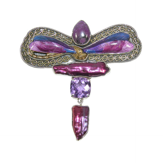 33110 Freshwater Pearl, Amethyst, Hand Enameling Sterling Silver Pin and Pendant