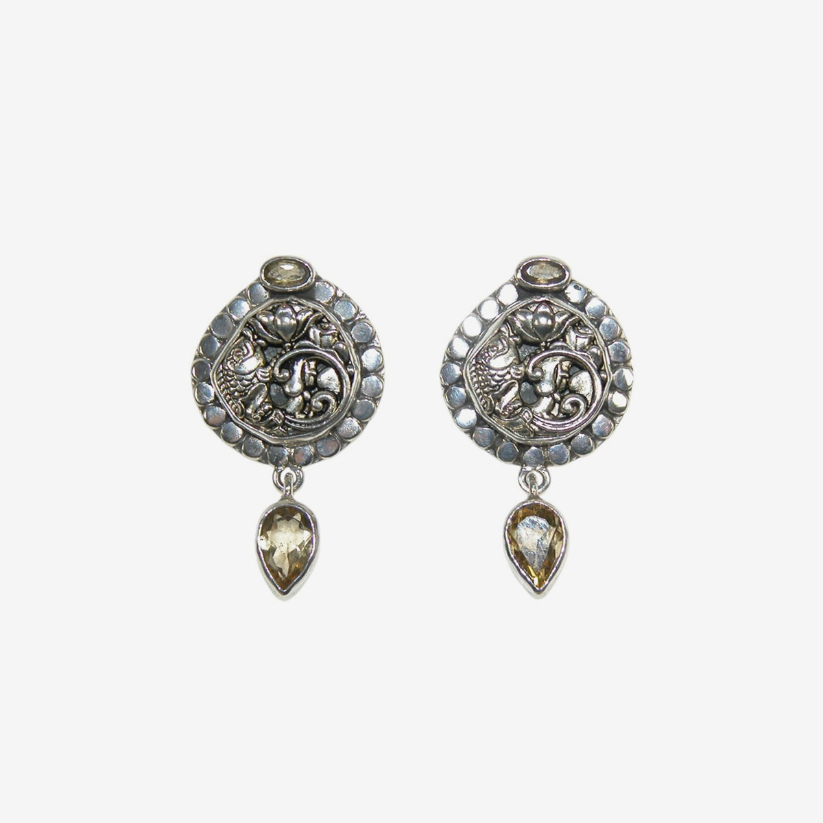 33117 Fish, Lotus, Citrine Sterling Silver Earrings