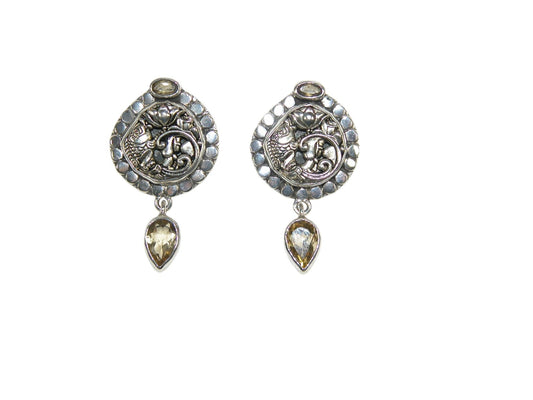 33117 Fish and Lotus Sterling Silver Earrings with Citrine