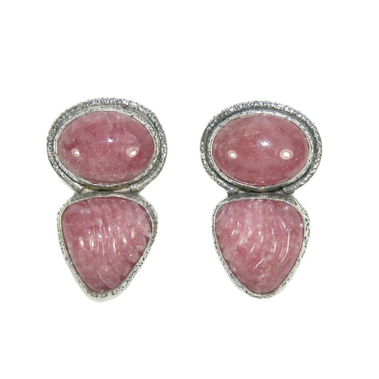 33119 Double Pink Rhodochrosite Bezel Set Sterling Silver Earrings