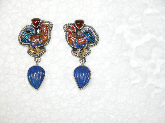33120 Hand Enameled Rooster, Garnet, Lapis Sterling Silver Earrings