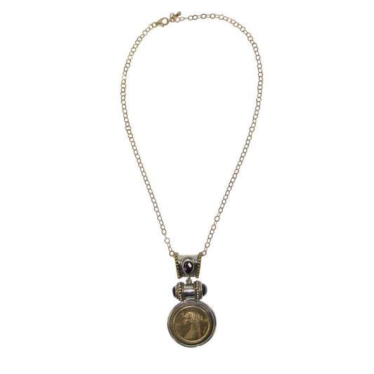 33131 Antique Egyptian Coin Sterling Silver Beaded Necklace