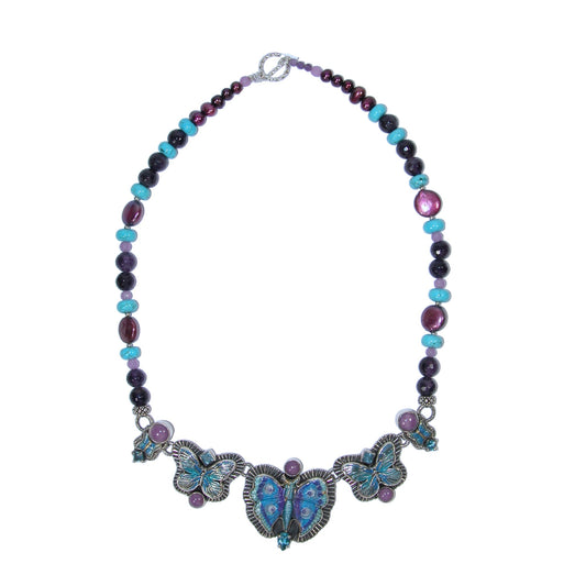 33145 Hand Enamel Butterfly, Freshwater Pearl, Amethyst, Turquoise Sterling Silver Necklace
