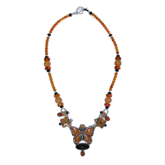 33148 Hand Enamel Butterfly, Citrine, Black Onyx, Hessonite, Baltic Amber Sterling Silver Necklace