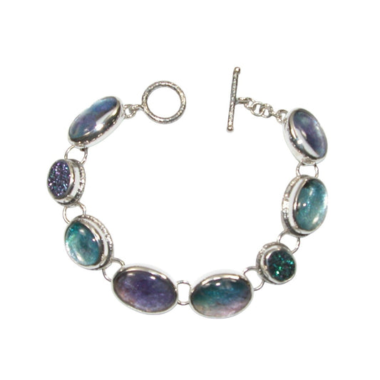 Quartz, Agate, Titanium Clad Drusy, Phosphosphiderite Sterling Silver Bracelet