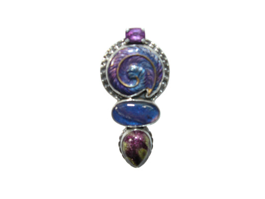 33165 Amethyst, Hand Enameling Sterling Silver Pin Pendant