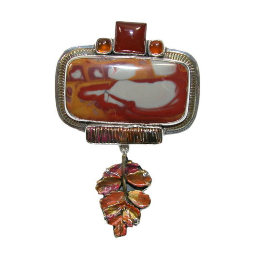 33166 Carnelian and Jasper with Hand Enameled Leaf Sterling Silver Pin Pendant