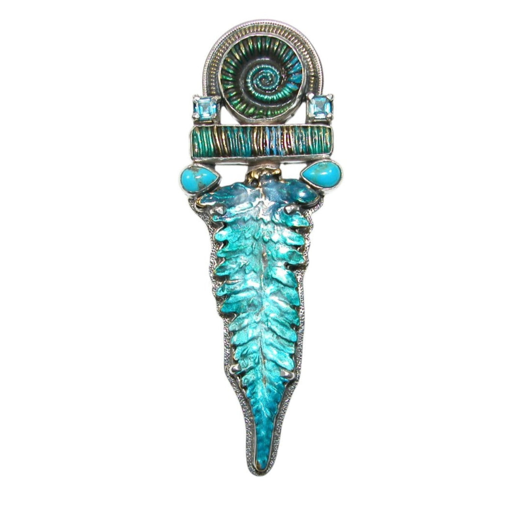 Hand Enameled Blue Sterling Silver Pin Pendant w/ Turquoise