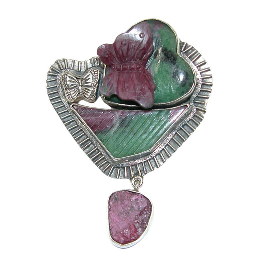 33172 Hand Carved Ruby Zoisite Sterling Silver Pin and Pendant