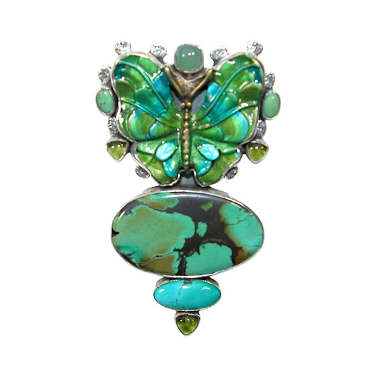 Hand Enamel Butterfly, Turquoise Sterling Silver Pin and Pendant