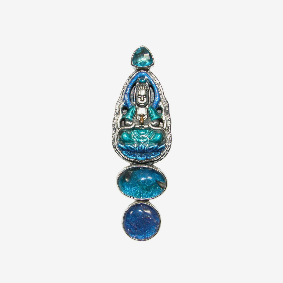 33176 Blue Topaz Sterling Silver Buddha Pin / Pendant