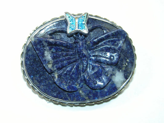 33177 Carved Lapis Lazuli Butterfly Sterling Silver Pin Pendant