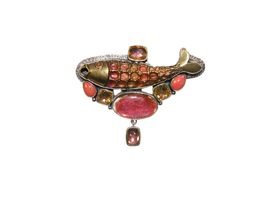33178 Hand Enameled Fish with Coral Sterling Silver Pin Pendant