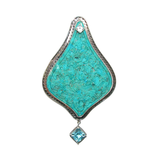 Carved Turquoise, Topaz Sterling Silver Pin and Pendant
