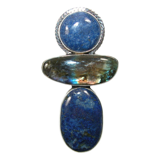 Blue Lapis, Labradorite Three Stone Sterling Silver Pin Pendant