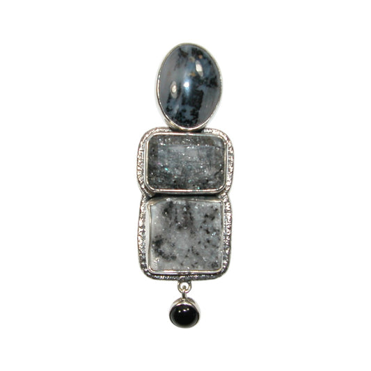 33185 Dendtritic Agate, Rutilated Quartz, Drusy, Onyx Sterling Silver Pin and Pendant