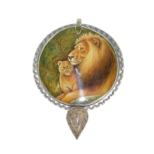 Hand Painted Lions on Mother of Pearl Sterling Pin and Pendant