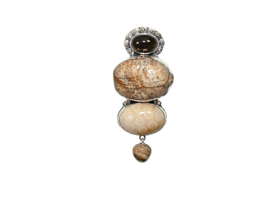 33192 Hand Carved Picture Jasper, Smokey Topaz, Indonesian Coral Fossil, Sterling Silver Pin and Pendant