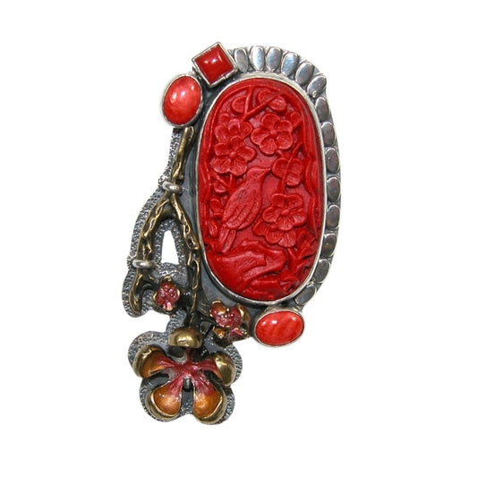 Carved Floral Hand Enamel Sterling Silver Pin and Pendant