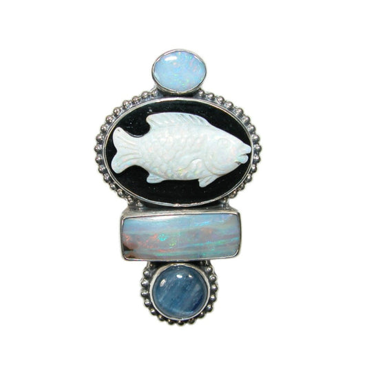 Carved Opal Fish on Black Onyx Sterling Silver Pin Pendant