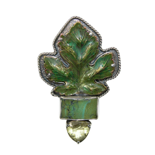33216 Hand Enameled Leaf w/Turquoise Sterling Silver Pin Pendant