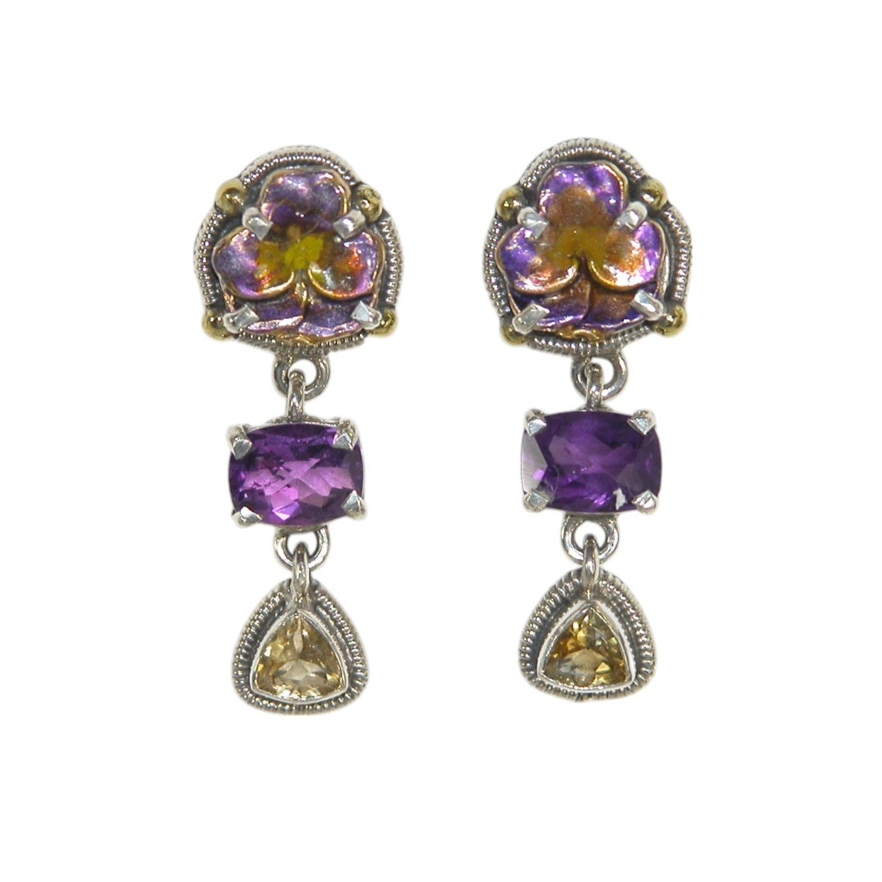 Amethyst, Citrine, Enameled Flower Sterling Silver Earrings