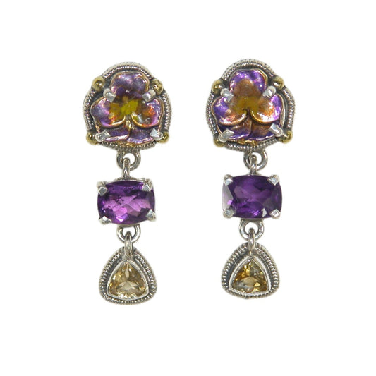 Amethyst, Citrine, Enameled Flower Sterling Silver Earrings