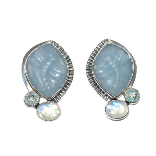 Blue Carved Dragonfly, Moonstone Sterling Silver Earrings