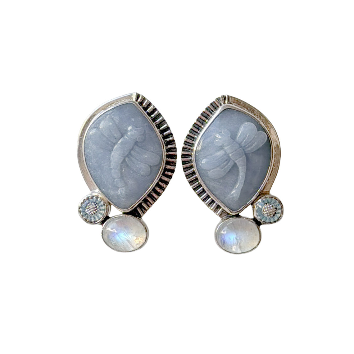 33233 Blue Carved Angelite Dragonfly, Moonstone Sterling Silver Earrings