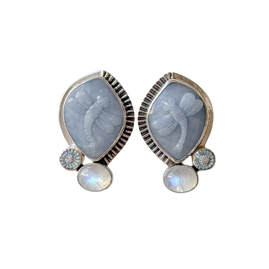 33233 Blue Carved Angelite Dragonfly, Moonstone Sterling Silver Earrings