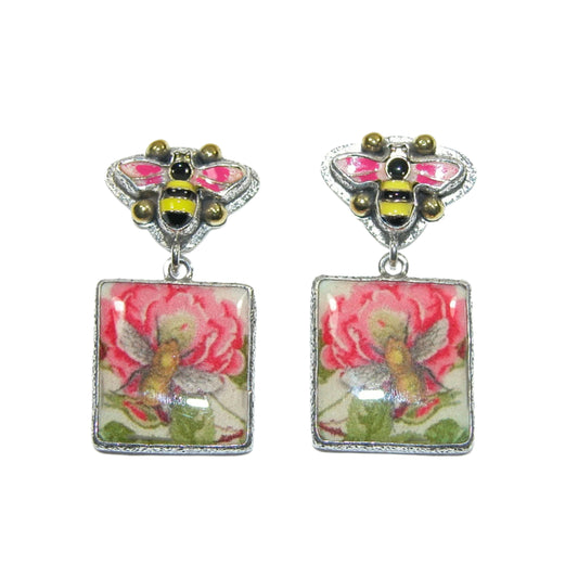 33235 Bee and Tile Flower Enameled Sterling Silver Earrings