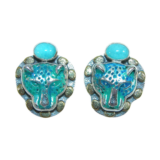 33240 Turquoise, Hand Enameling Leopard Sterling Silver Earrings