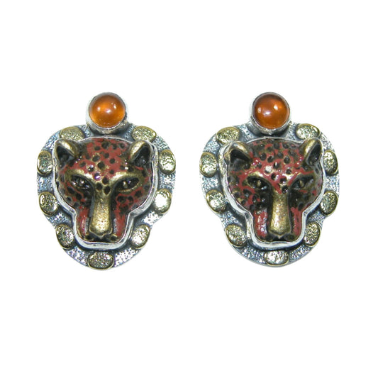 33241 Hessonite and Hand Enameled Leopard Sterling Silver Earrings