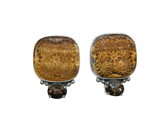 33242 Hand Carved Tigers Eye with Smoky Quartz Sterling Earrings