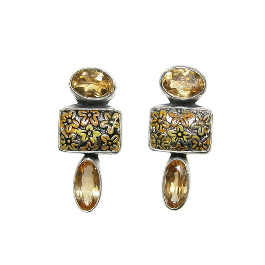 Citrine Floral Enameled Sterling Silver Earrings