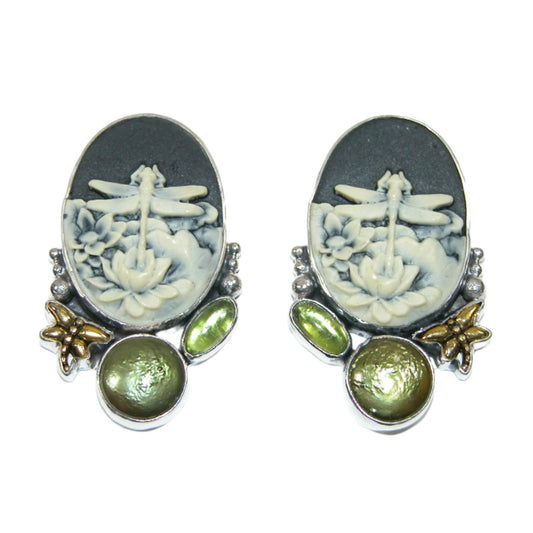 33246 Hand Etched Cameo Peridot Freshwater Pearl Sterling Silver Earrings