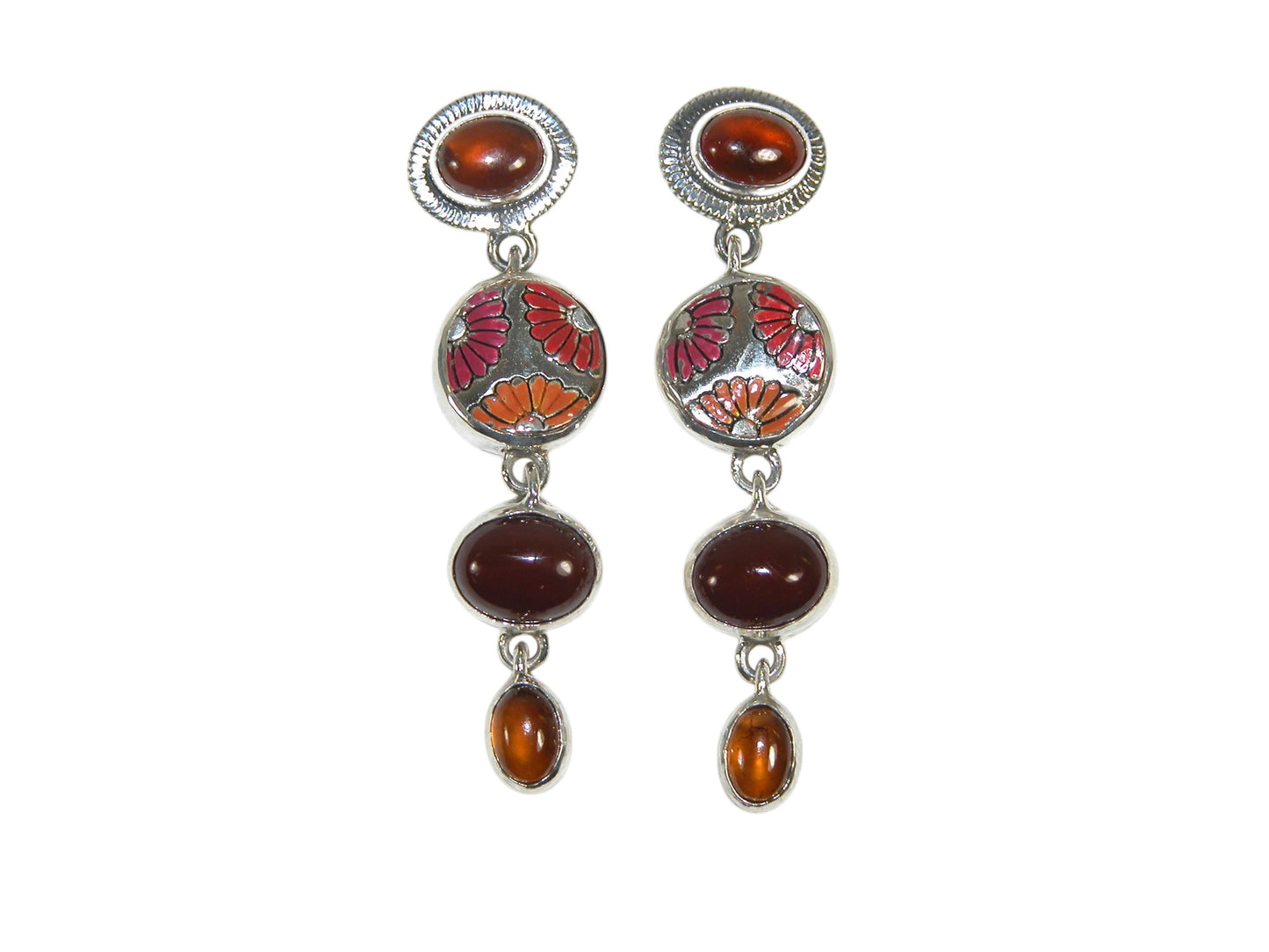 33250 Carnelian, Hessonite, Hand Enameling Sterling Silver Earrings