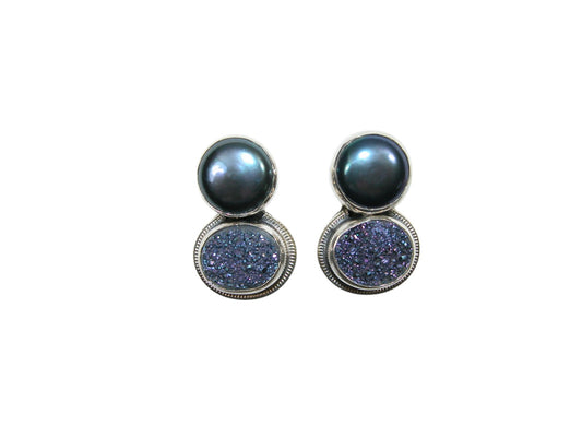 33251 2 Stone Freshwater Pearl and Drusy Sterling Silver Earrings