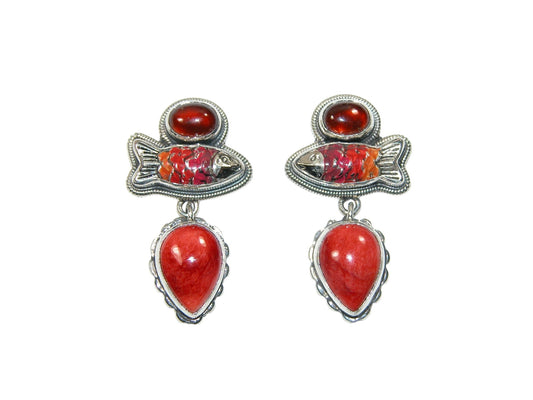 33253 Enameled Fish, Spiny Oyster, Amber, Sterling Silver Earrings