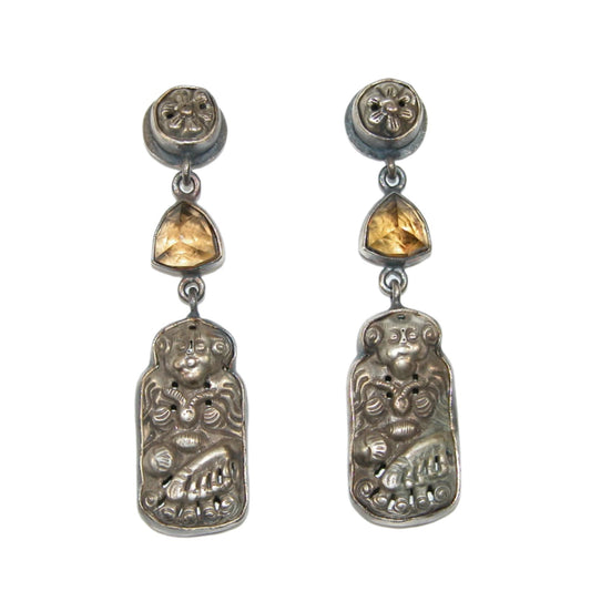 33270 Whisky Topaz with Antique Chinese Beads Sterling Silver Earrings
