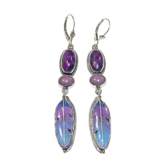 Hand Enameled Feathers with Sugalite and Phosphosiderite Dangle Sterling Silver Earrings