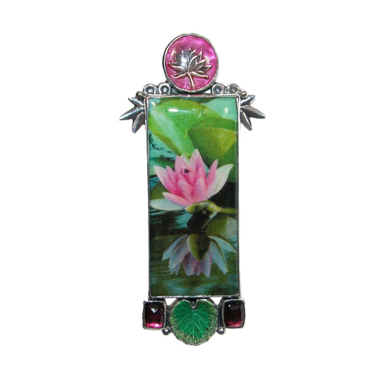 Lotus Tile Enamel Sterling Silver Pin and Pendant