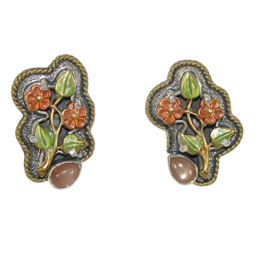 33279B Peach Moonstone Enamel Flower Sterling Silver Earrings