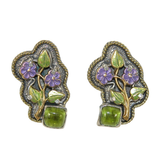 33279C Vesuvianite Enamel Flower Sterling Silver Earrings