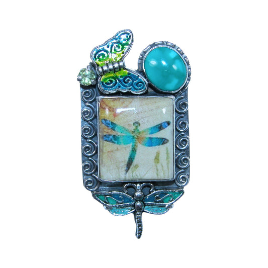 32280 Hand Made Dragonfly Tile, Hand Enamel Sterling Silver Pin and Pendant