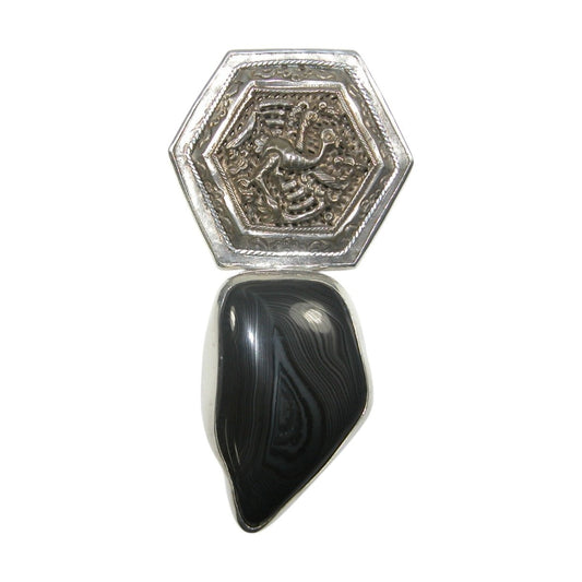 Psilomelane Stone with Antique Silver Piece Sterling Silver Pin Pendant