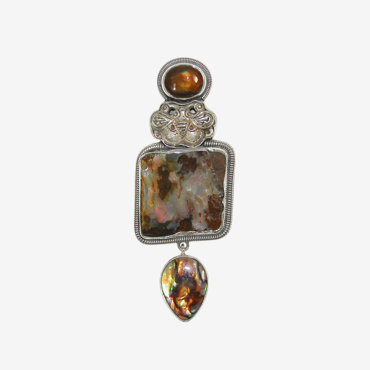33306 Antique Silver Moth, Mexican Fire Opal Sterling Silver Pin / Pendant