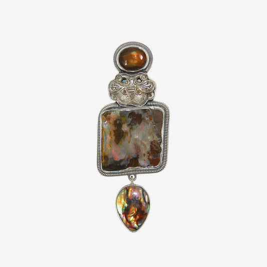 33306 Antique Silver Moth, Mexican Fire Opal Sterling Silver Pin / Pendant