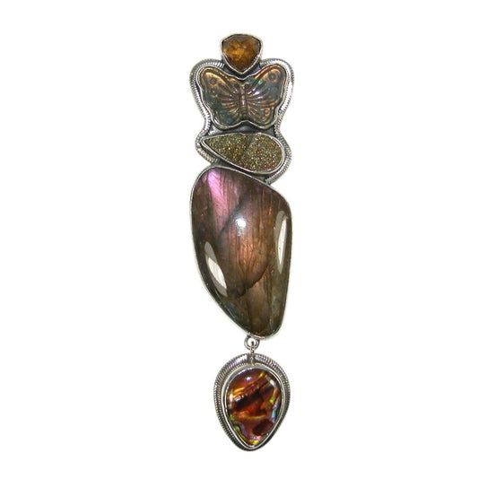 Labradorite Carved Butterfly, Abalone Sterling Silver Pin and Pendant