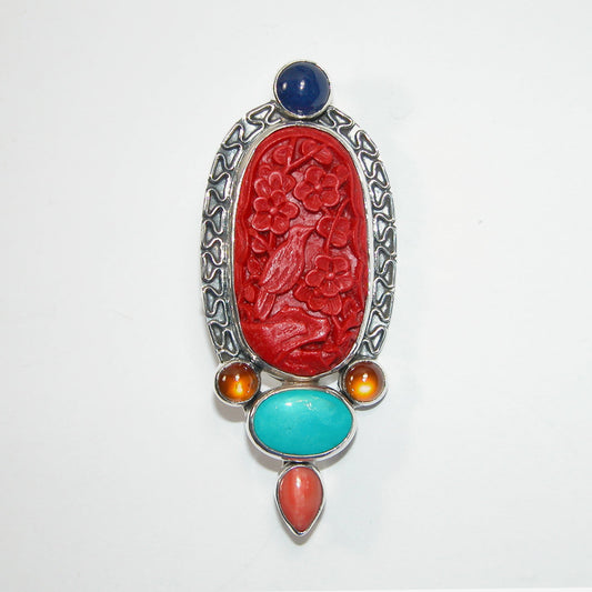33324 Hand Carved Cinnabar Bird, Turquoise, Sterling Silver Pin and Pendant